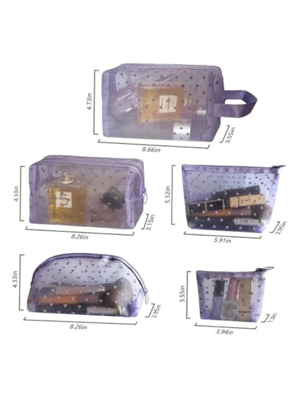 5-Piece Heart Printed Mesh Makeup Bag Set Portable Travel Cosmetic Bags